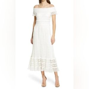 SHO By Tadashi Shoji Off The Shoulder Lace Gauze White Bridal Boho Dress Size L
